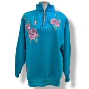 Vintage Women's 90s Jerzees 1/4 Zip Floral Roses Fleece Sweatshirt X-LARGE